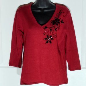 Elementz Red v-neck sweater with black floral bead embellishments